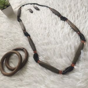 Set 🌼 Wood Long Necklace, Ring & Bracelets